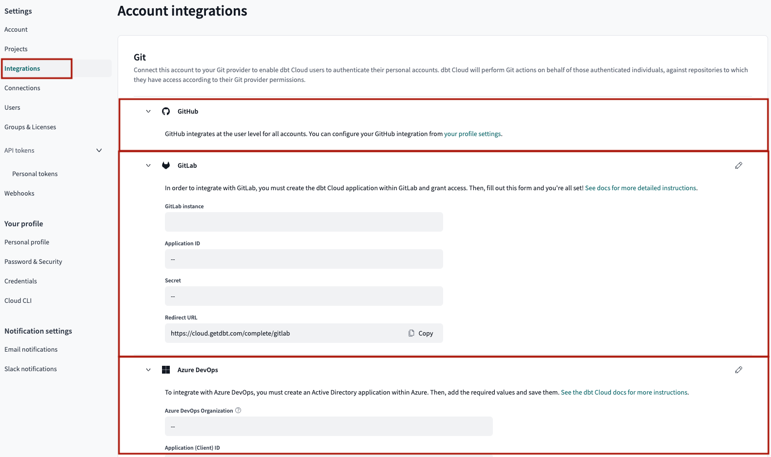 Example of the Git integration page